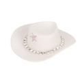 Miniature white cowboy hat doll accessory with pink star and sparkling silver rhinestone chain - White Cowboy Hat With White Rhinestone Chain