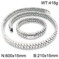 Conjunto de cadena de acero inoxidable plateado pulido con collar y brazalete - Conjunto Color Acero (KS223372-KJX)