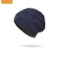 Men's navy and white knit beanie with warm brown fleece lining for winter weather - Navy Blue Single Hat
