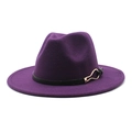 Close-up of dark purple wool fedora with black leather band and gold metal buckle detail - Purple
