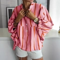 Pink and orange striped loose puff sleeve shirt paired with white denim shorts - S / Red