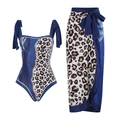 Dreiteiliges Bikini-Set mit blauem Marmormuster und Leoparden-Print inklusive langem Wickelrock - S / Oberteil Und Unterteil / Patchwork-Serie