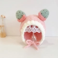 Pink infant plush earflap hat with white faux fur trim and green cactus decor - Watermelon Red Pink Plush