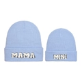 Close-up of light blue knitted parent-child beanies with MAMA and MINI texture embroidery - MAMA+MINI Parent-Child Set / Lake Blue