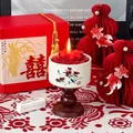 Red rose scented candle in floral ceramic cup with festive red Double Happiness gift box - Double Magpie Happiness-Rose [Bag + Box]