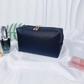 Portable black PU leather cosmetic bag with gold zippers and pearl initial detail - Medium / Black