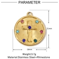 Detailed dimensions of the round gold cross pendant with colorful rhinestones and size data - Cross Round Pendant-VG857