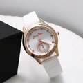 Elegant rose gold women's watch with rhinestone bezel and white leather strap - White