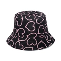 Black bucket hat with pink heart patterns and wide brim for sun protection - Black Pink Heart Outline Print (7)