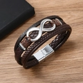 Men's multilayer brown leather bracelet with infinity symbol and magnetic clasp on wood - Dark Coffee