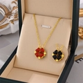 Foldable 18K gold plated titanium clover necklace with reversible red and black rhinestones - Gold (8854-Gold)