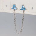 Silver chain tassel earrings featuring light blue flower zirconia on white card - Silver Blue Rhinestone