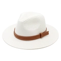 Chapeau Panama en paille blanche avec ruban en cuir marron pour protection solaire chic - M (56-58cm) / Blanc