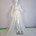 White off-shoulder maternity tulle gown with pearls, puff sleeves, and a long trail - M / White Encrypted Thickened Double Layer