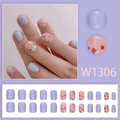 Short square press-on nails set with purple tint and shiny shell flake decoration - Lavender and Multicolored Sequins Style (W1306) / 24 Pieces (With Glue)