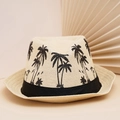 Classic beige woven straw sun hat with black palm tree pattern and ribbon trim - One Size / Beige