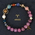 Detail of Aries natural stone bead bracelet with pink rhodochrosite and gold star charm - Aries