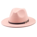 Detail of pink fedora wool hat featuring black leather band and silver fish ornament - M (56-58cm) / Flesh Pink