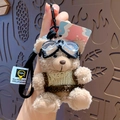 Cute beige plush bear keychain wearing aviator goggles and a knit vest with clip - Coffee Brown Stripes (No Tag)