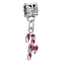 Silver bow charm with red and white striped candy cane pendant and red rhinestones - Christmas Candy Cane Bow Charm (Rhinestone Design)
