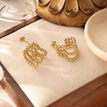 Detail of gold beaded heart earrings on linen padding inside a wooden jewelry tray - Geometric Square Studs (ZHE491金)