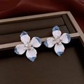 Close-up of flower earrings with blue enamel drip oil finish and crystal center - 26# Blue Edge White Gradient Flower