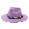 Detailed texture of lavender woven fedora straw hat with snake print leather band and buckle - M (56-58cm) / Taro Purple