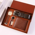Men's business gift set featuring a brown watch, belt, wallet, and keychain in a box - 5-Piece Coffee Set (Wallet + Belt + Watch + Keychain + Gift Box)