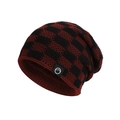 Winter thermal knit beanie featuring red and black checkered pattern and fleece lining - Burgundy