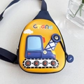 Close-up of yellow hardshell kids chest bag featuring a cartoon crane and zipper detail - Yellow
