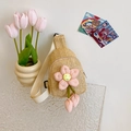 Handwoven straw chest bag for girls featuring pink flower accents and tulip pendant - Pink Floral