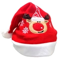 Detail of red Christmas hat featuring reindeer embroidery and white snowflake patterns - Adult Fleece Embroidery Reindeer