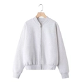 Detail of light gray knitted pilot jacket with silver metal zipper and ribbed texture - Light Heather Grey Top