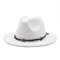 White wool fedora hat with black braided band and blue marble bead ornament for unisex style - M (56-58cm) / White