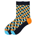 Cotton crew socks with orange and blue geometric cube patterns and black accents - 38-46 / Orange Blue Black Geometric (1096C)