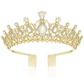 Macro shot of crystal bridal tiara showing golden alloy texture and teardrop stones - With Combs / Gold-White Zircon
