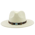 Detailed view of cream straw fedora hat with turquoise bead and wooden deco band - Creamy White