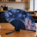 Classical blue folding fan with pink floral butterfly patterns and blue silk tassels - Blue Butterfly