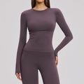 Slim fit long sleeve purple yoga set including high waist leggings and crew neck top - Eggplant Purple
