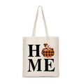 Detail of beige canvas tote bag with HOME text and orange plaid pumpkin print - Plaid Pumpkin Home