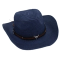 Detail of navy woven cowboy hat featuring brown leather band and silver bull skull ornament - One Size / Navy Blue