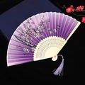 Japanese style purple folding fan with cherry blossoms, butterflies and silk tassel - No. 53
