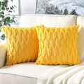 Close-up of two yellow plush pillow covers with 3D diamond texture on a beige sofa - 18x18 Inch / Yellow Small Square