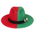 Detail of red and green wool fedora hat with pearls, floral accents and gold studs - Red Green With Pearls