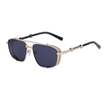 Steampunk gold metal square sunglasses for men with side shields and black lenses - Glossy Black Gold Frame Grey Lens