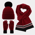 Detail view of burgundy winter knit set with touch-screen gloves and faux fur pom pom hat - Burgundy