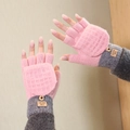 Pink and grey thermal flip top gloves with touchscreen design and fleece lining for winter - Half-Finger Flip Cover Style / Pink
