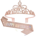 Close-up of rose gold birthday set including rhinestone crown and glitter sash - Set / Rose Gold Set