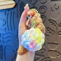 Handmade crochet ice cream keychain featuring pink blue yellow plush pompom with gold clip - Assorted B