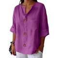 Dettaglio camicia in cotone viola con scollo a V e grandi bottoni marroni - Tasca Viola-rosso Con 3 Bottoni #8088 / 3XL